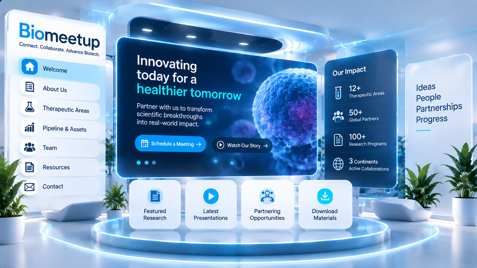 A BioMeetUp Company Booth with welcome, therapeutic areas, pipeline and team panels, impact metrics, and partnering actions.