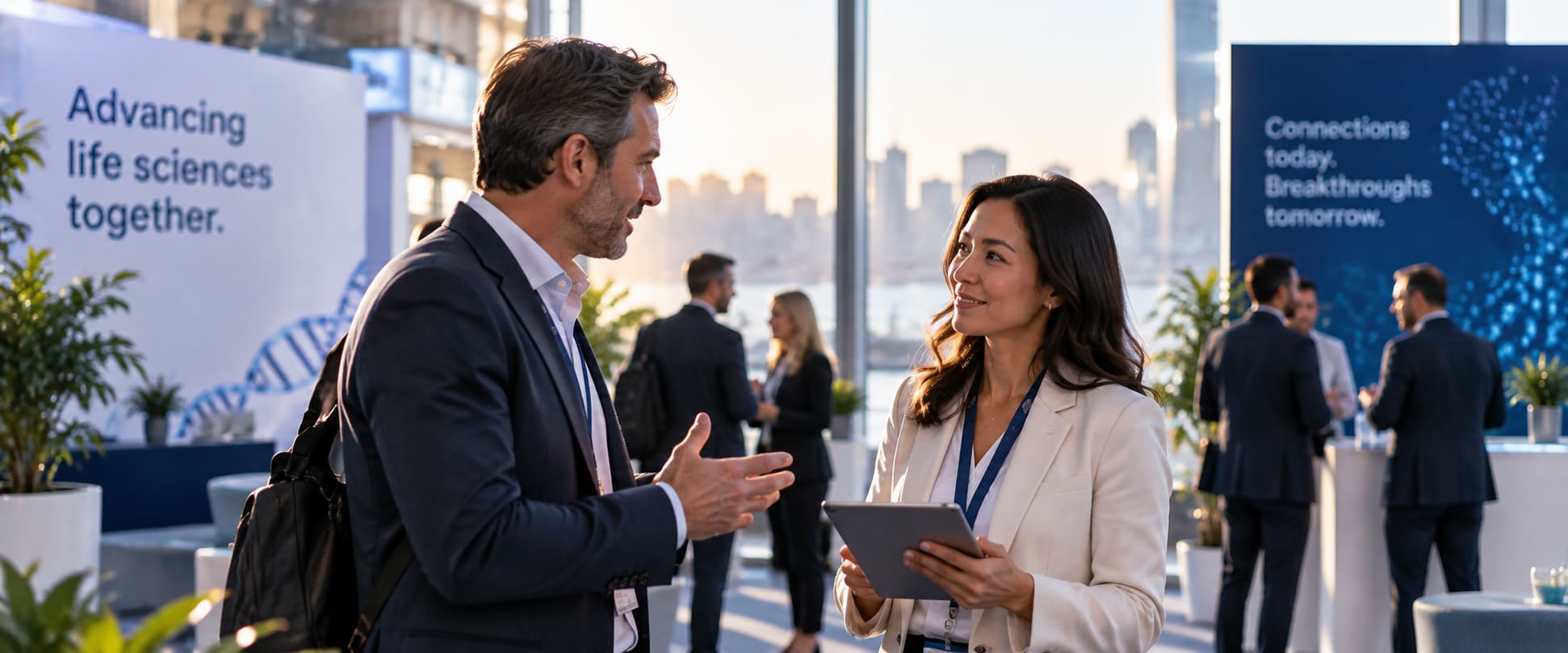 Two life sciences professionals in conversation at a partnering event