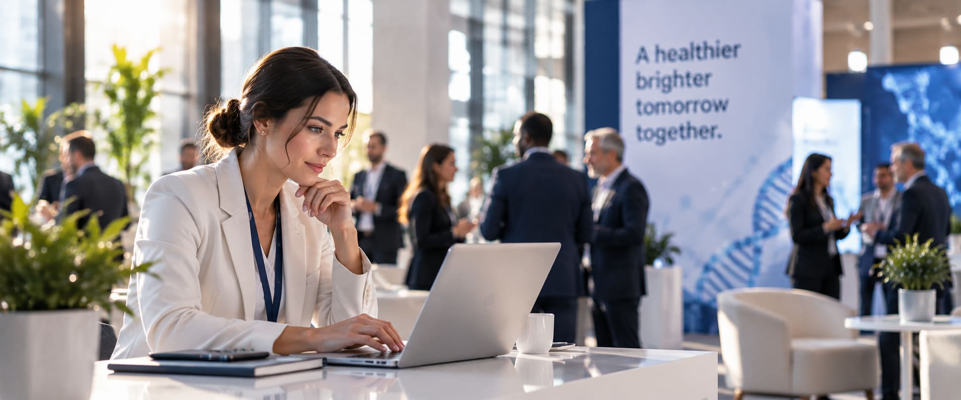 A life sciences professional working on a laptop at a partnering event